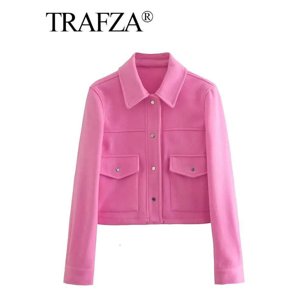 TRAFZA Jackets For Womens Autumn Fashion Solid Front Pockets Button Long Sleeve Jacket Elegant Woman Casual Outerwear Coat