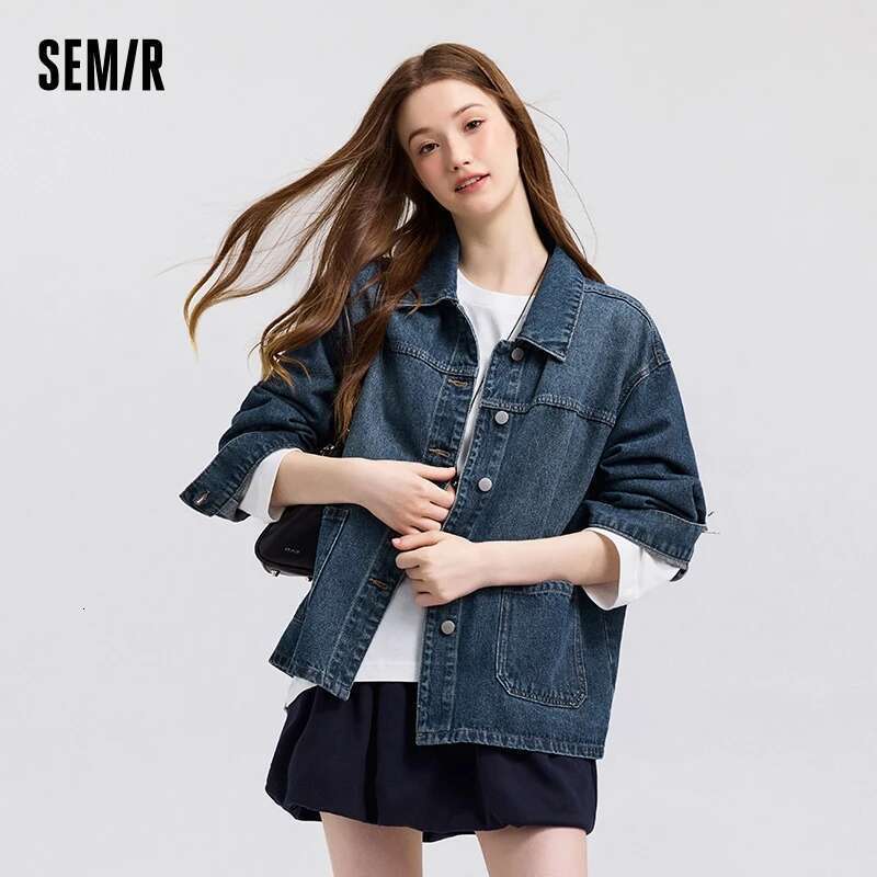 Semir Denim Women Lapel Drop-shoulder Top Casual and Elegant 2025 Spring New Loose Jacket Instagram Trendy