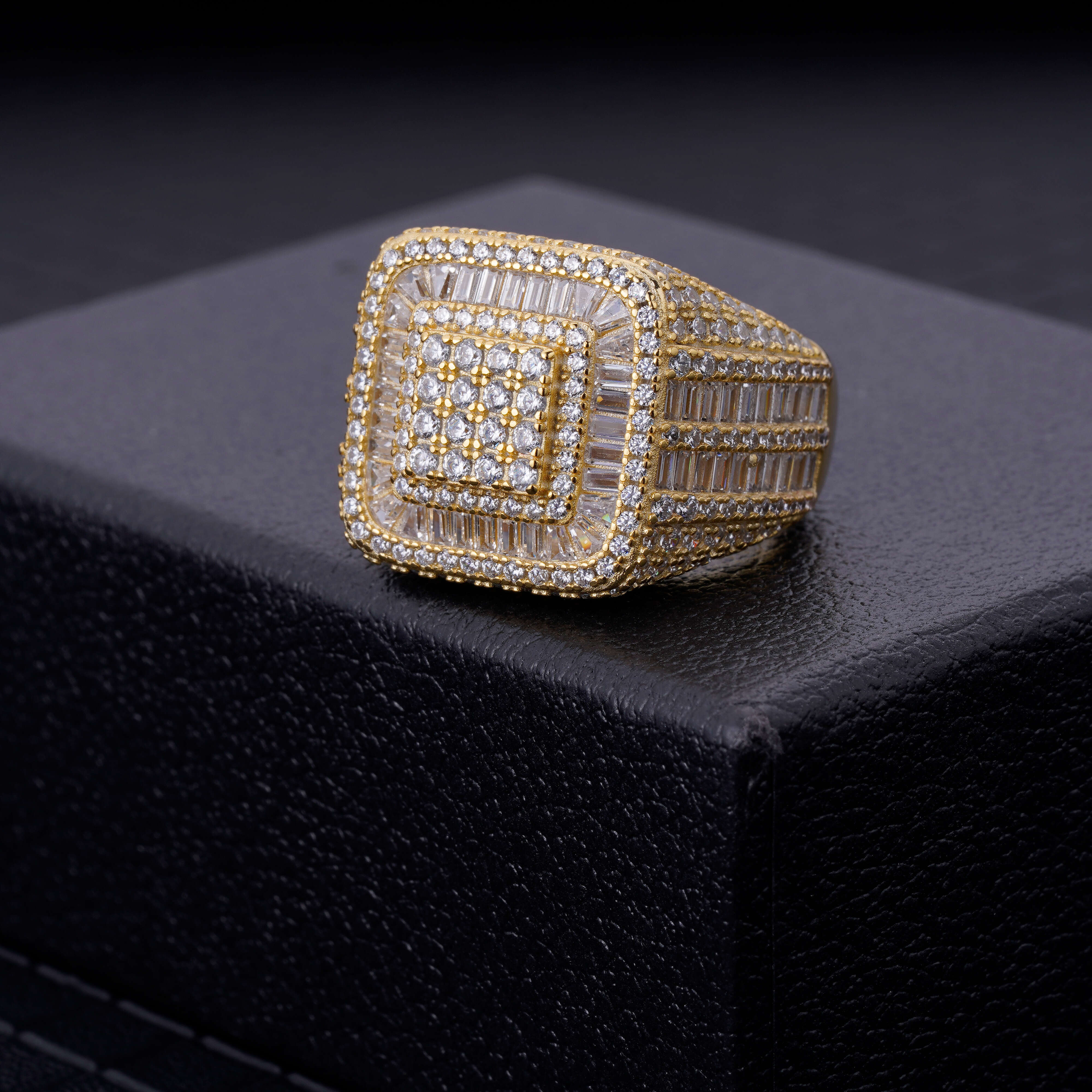 New Design Wholesale Jewelry Gold Plated Cluster Iced Out VVS Moissanite Bling 925 Silver Square Wedding Ring