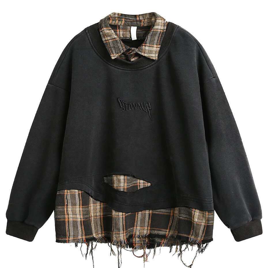 Plaid Splicing Sweatshirt Men Oversized Haruku Hip Hop Streetwear Pullover Fake Two Piece Loose Y2k Hoodie Male Designer