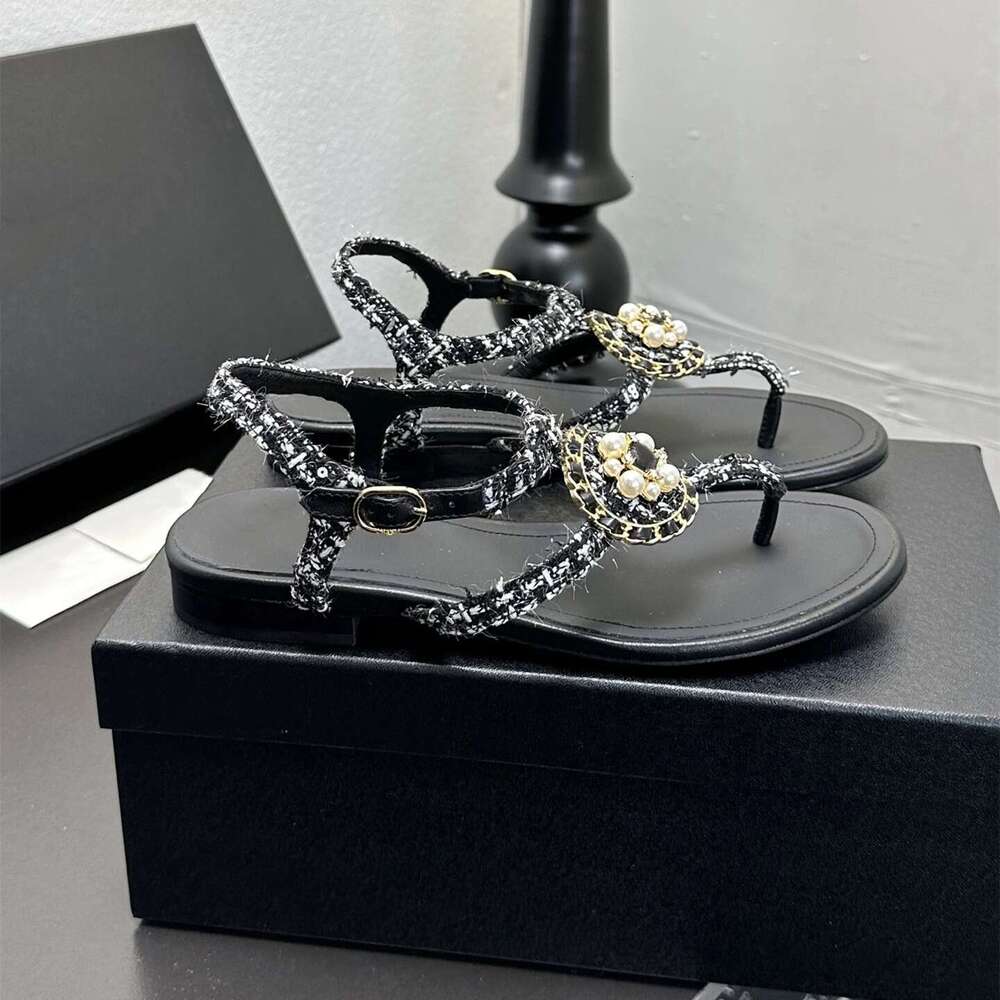Women Size35-41 Genuine Leather Thong Sandals Low Heels Chain Pearl Summer Buckle Strap Designer Shoes Zapatillas De Mujer