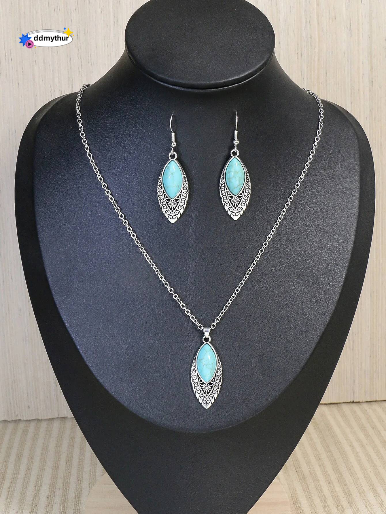 Ethnic Boho Turquoises Necklace Earring for Women Vintage Sier Plated Carved Flower Dangle Earrings Indian Jewelry Gift ddmythur
