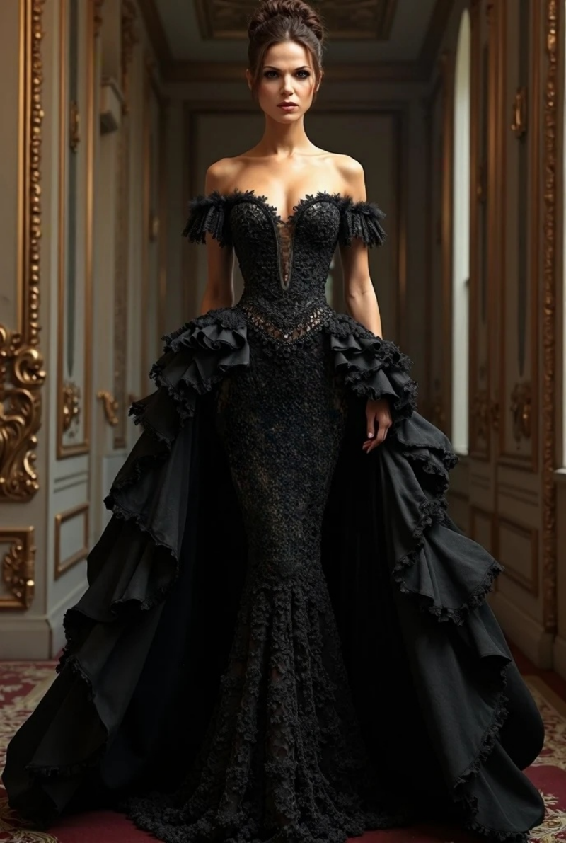 Vintage Black Lace Prom Dresses With Detachable Overskirt Off Shoulder Long Gothic Evening Gowns Sweetheart Corset Mermaid Special Occasion Dress