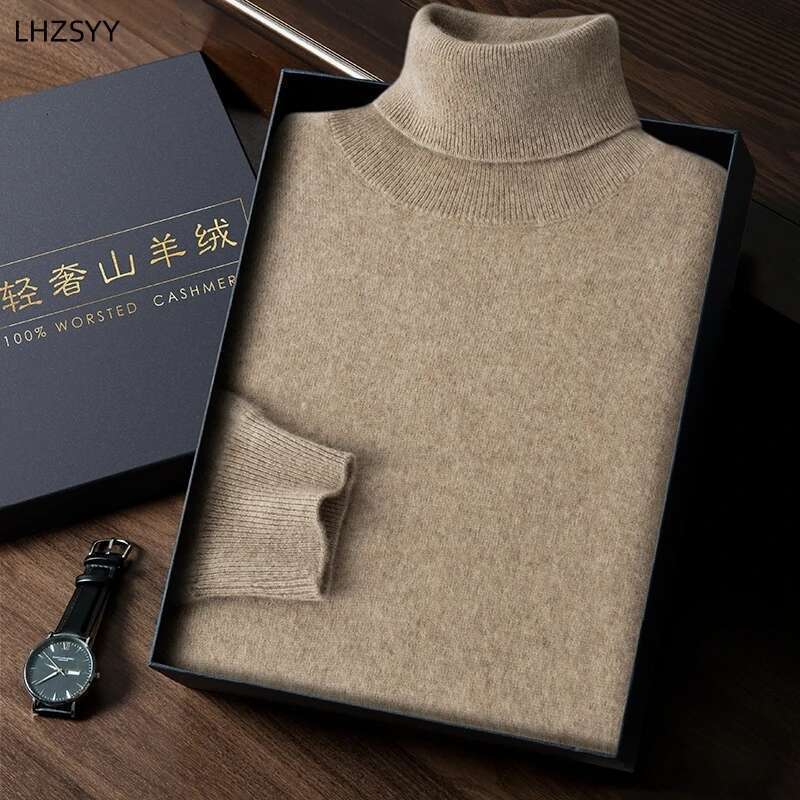 Autumn Winter New 100% Cashmere Sweater Men's Turtleneck Turtlenecks Knit Pullovers Youth Loose Warm Business Casual Solid Top