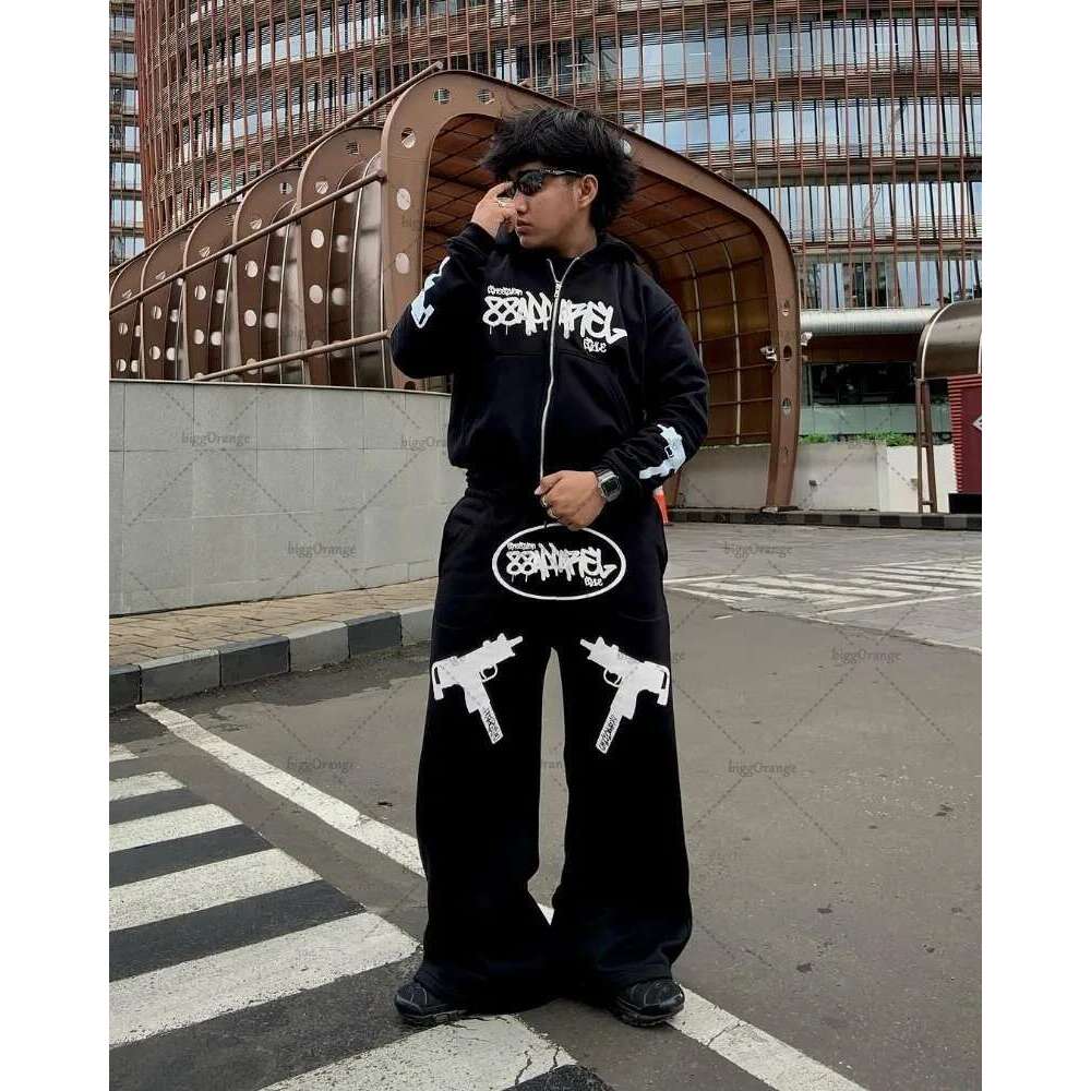 New Street Trend Personalized Design Pattern Fashionable Versatile Hoodie Trousers Men Retro Haruku Casual Loose Suit Women Designer