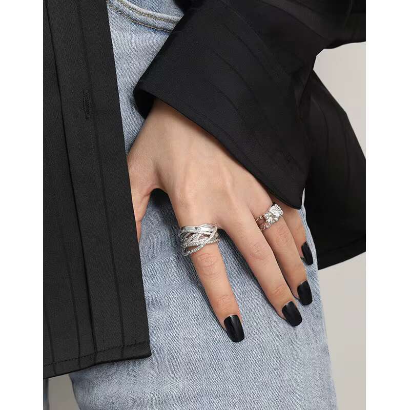 Vintage S925 Sterling Silver Multi-layer Cross Texture Finger Rings Jewelry for Women