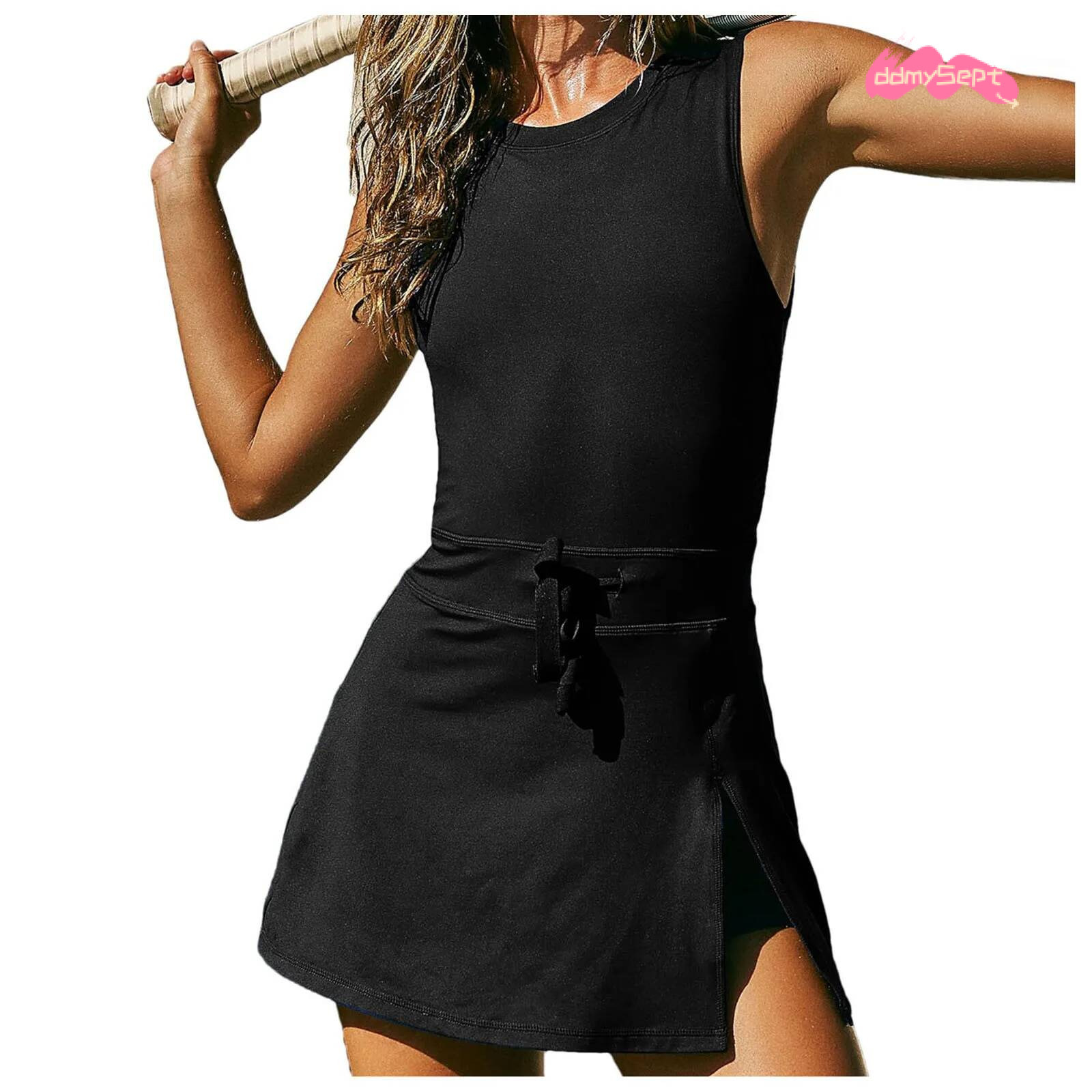 Womens Tennis Open Back Stretchy O Neck Side Slit Sleeveless Sports Dress with Shorts Lace Up Waist Short Workout SunDress ddmysept
