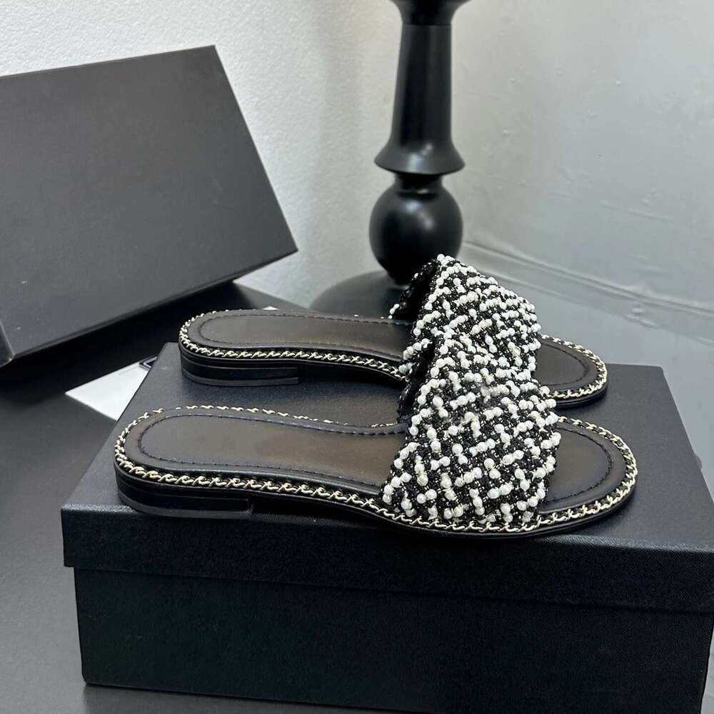 New Women Size35-41 Genuine Leather Slippers Med Heels Chain String Bead Summer Slides Designer Shoes Zapatillas De Mujer
