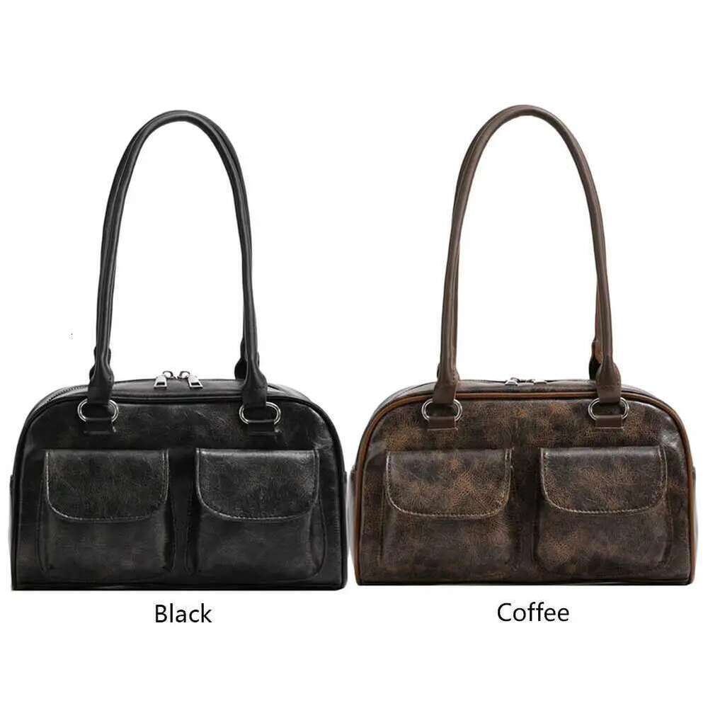 Women Small Casual Double Pocket PU Stylish Underarm Bags Solid Color Simple Commuting Bag Large Capacity Retro Handbag