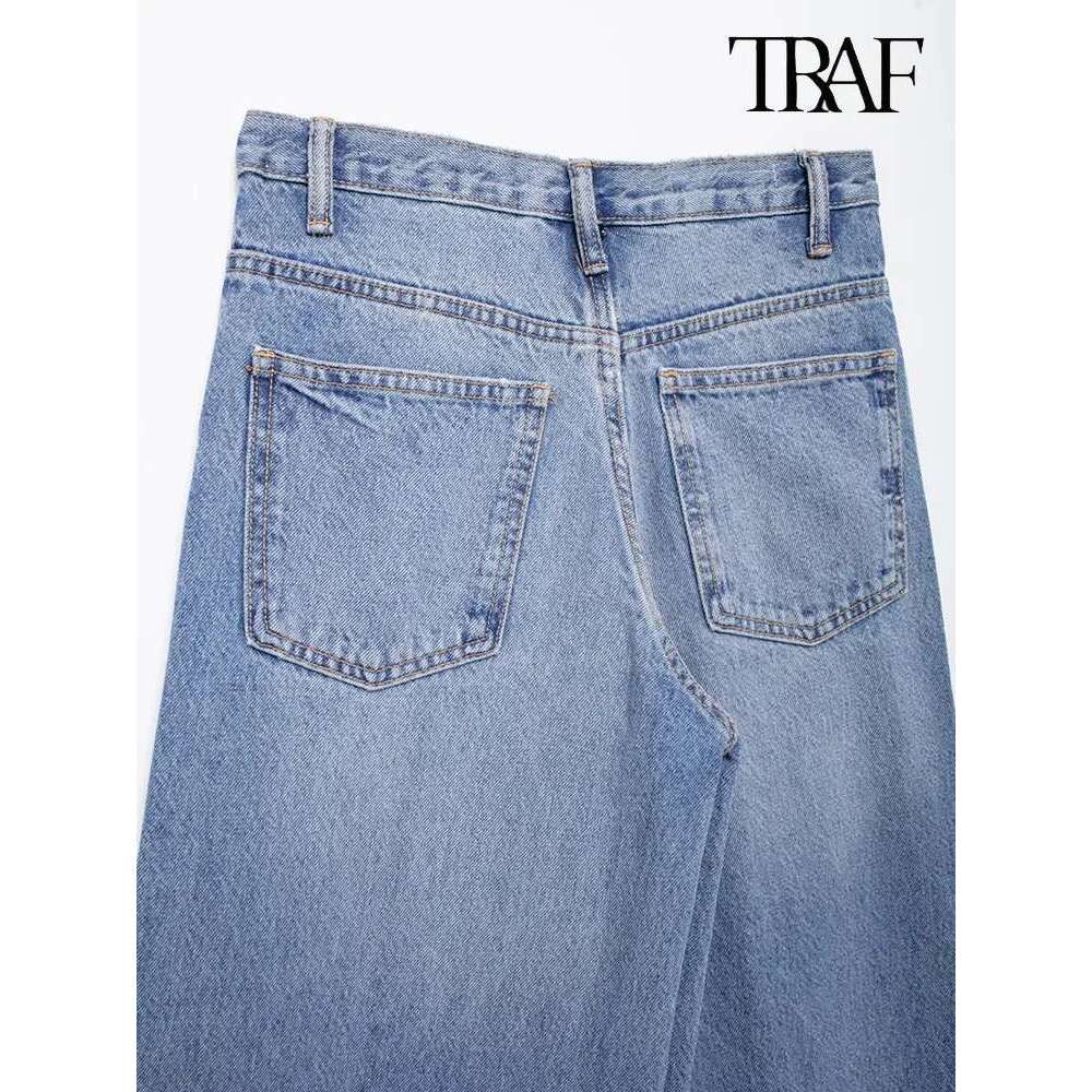 TRAF Women's Asymmetric Design High-Waisted Wide-Legged Jeans New Basic Models Versatile Fashion Straight Trousers