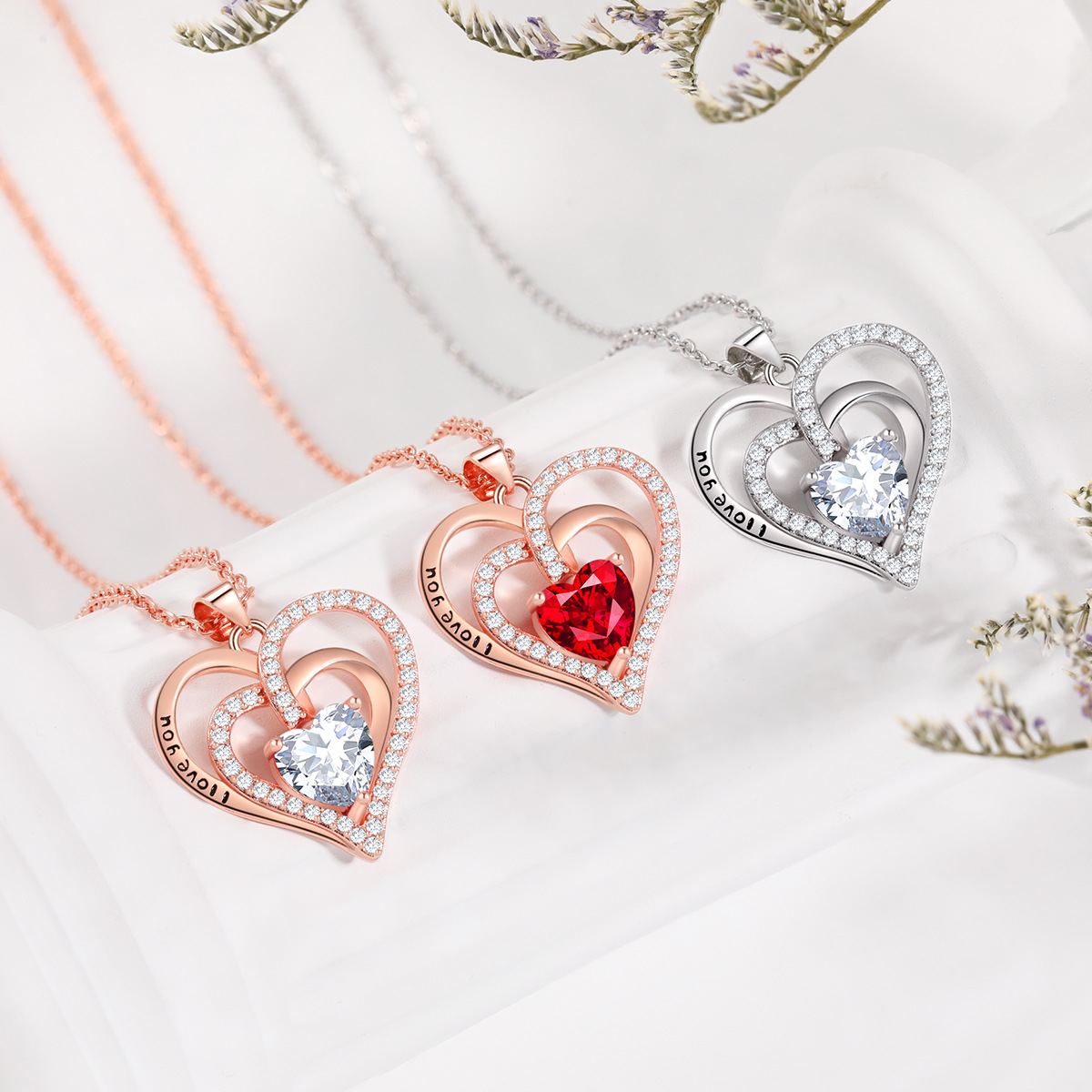 Amazon Bestselling Eternal Heart Necklace - Double Love Heart Design with Blackened Lettering and Zodiac Stones