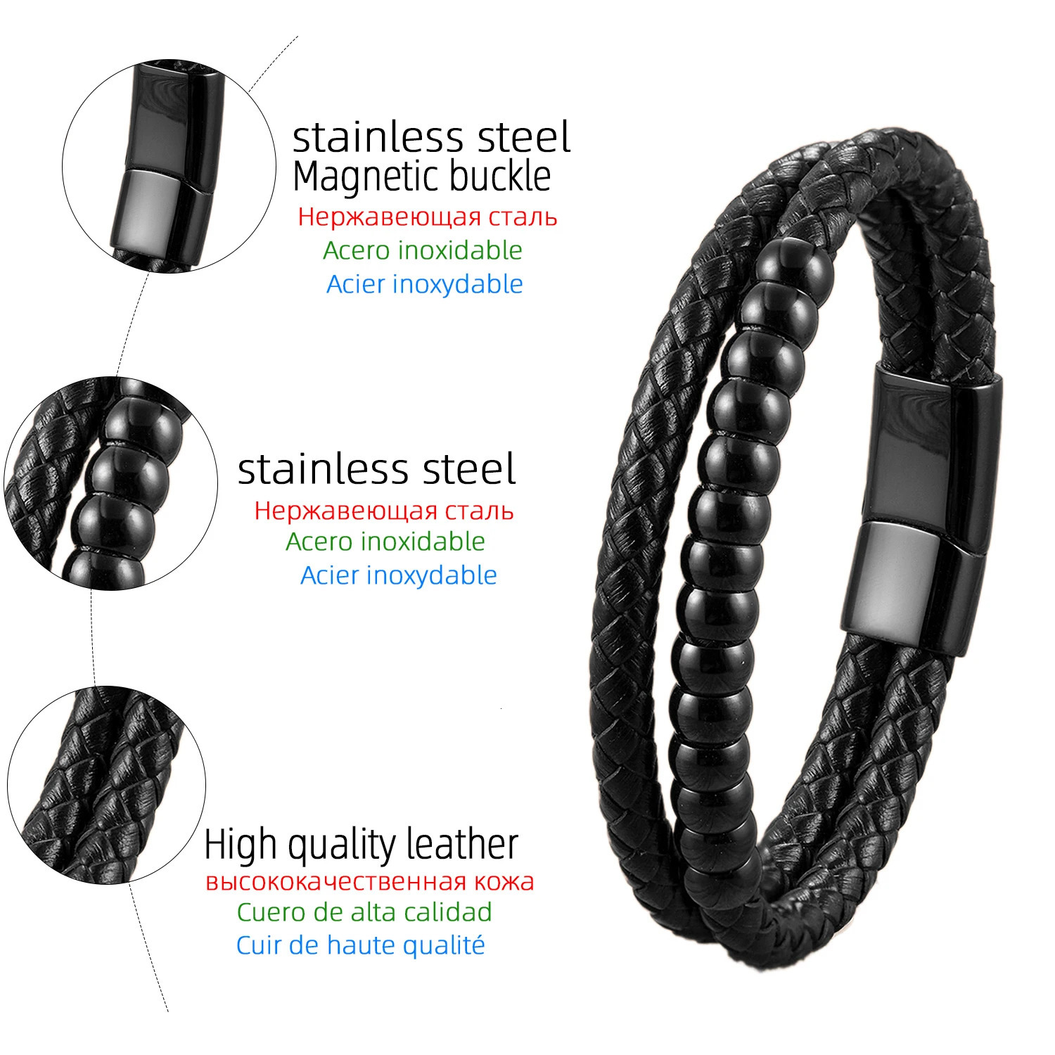 Handmade Genuine Leather Bracelet with Stainless Steel beaded doubledeck Unisex Jewelry Gift for CoupleBirthday 250512