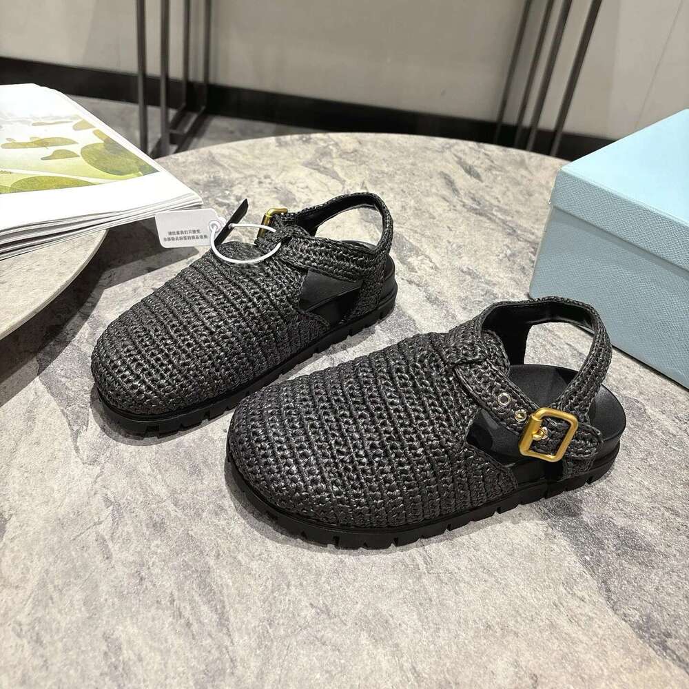 New Women Size35-41 Weaving Sandals Round Toes Beach Flats Buckle Strap Genuine Leather Designer Shoes Zapatillas De Mujer