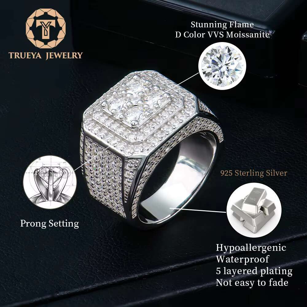 Custom Wholesale Men Jewelry Luxury Square Frame Band 925 Sterling Silver Cluster Real Gra Vvs1 Diamond Moissanite Hip Hop Ring