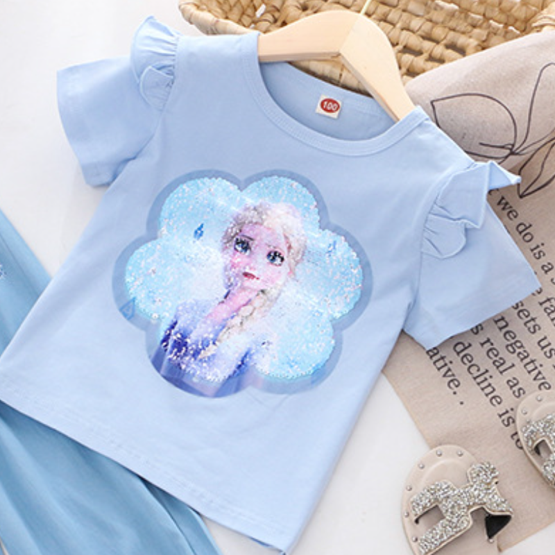 DISNEY Frozen Princess Elsa toddler designer clothes Children's summer clothes girl short-sleeved T-shirt girl color-changing sequin top.