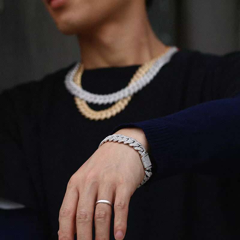 Cuban Hip Hop Genuine Moissanite Bracelet 18K Gold Plated Silver Elegant Bangles