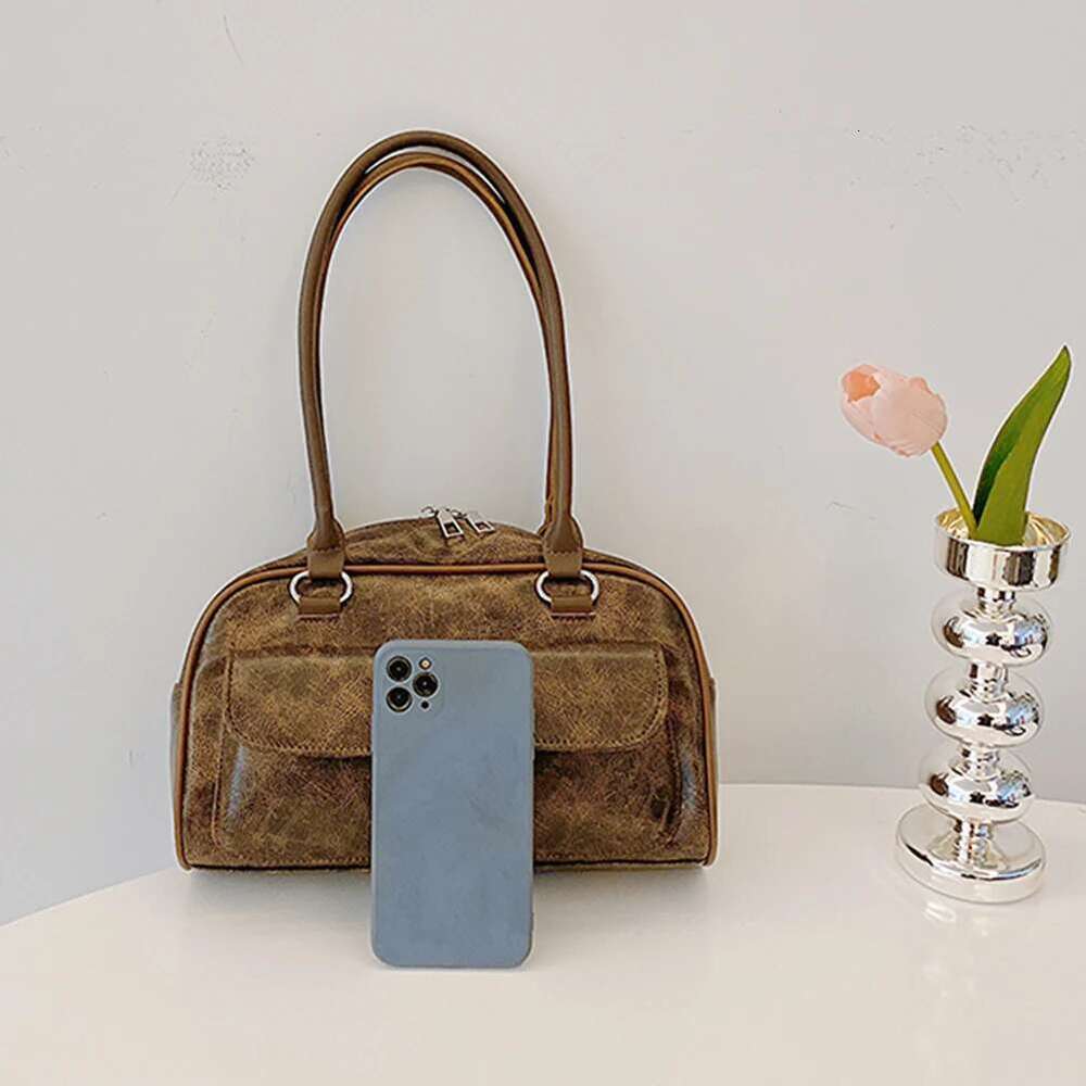 Women Small Casual Double Pocket PU Stylish Underarm Bags Solid Color Simple Commuting Bag Large Capacity Retro Handbag