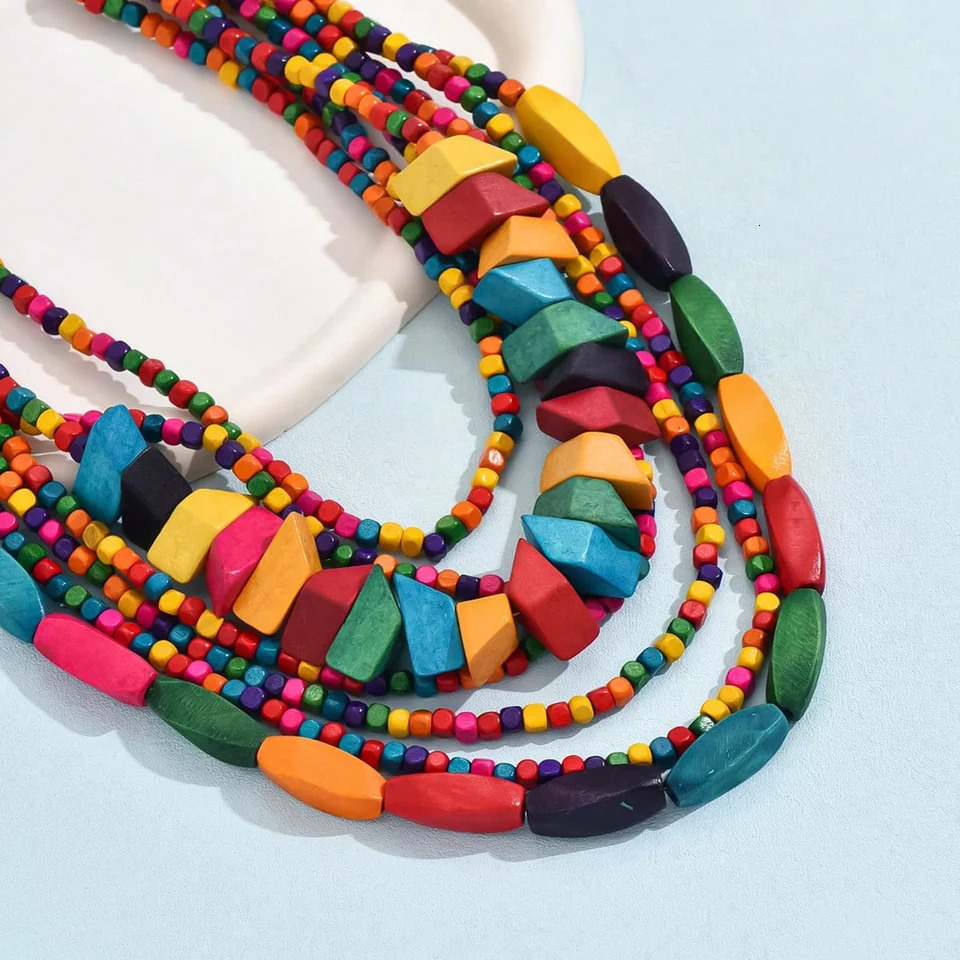 1pc Vintage Bohemian Style Colorful Wood Layered Necklaces Exaggerate Lively Fashion Elegant Casual Party Jewelry For Wome 250512