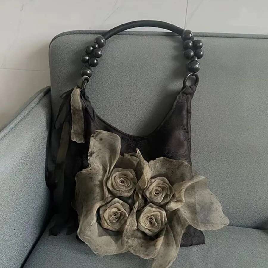 Chinese Style Rose Decor Shoulder Fashion Commuter Tote Classic Pleated Handbags High Quality Women Underarm Bags
