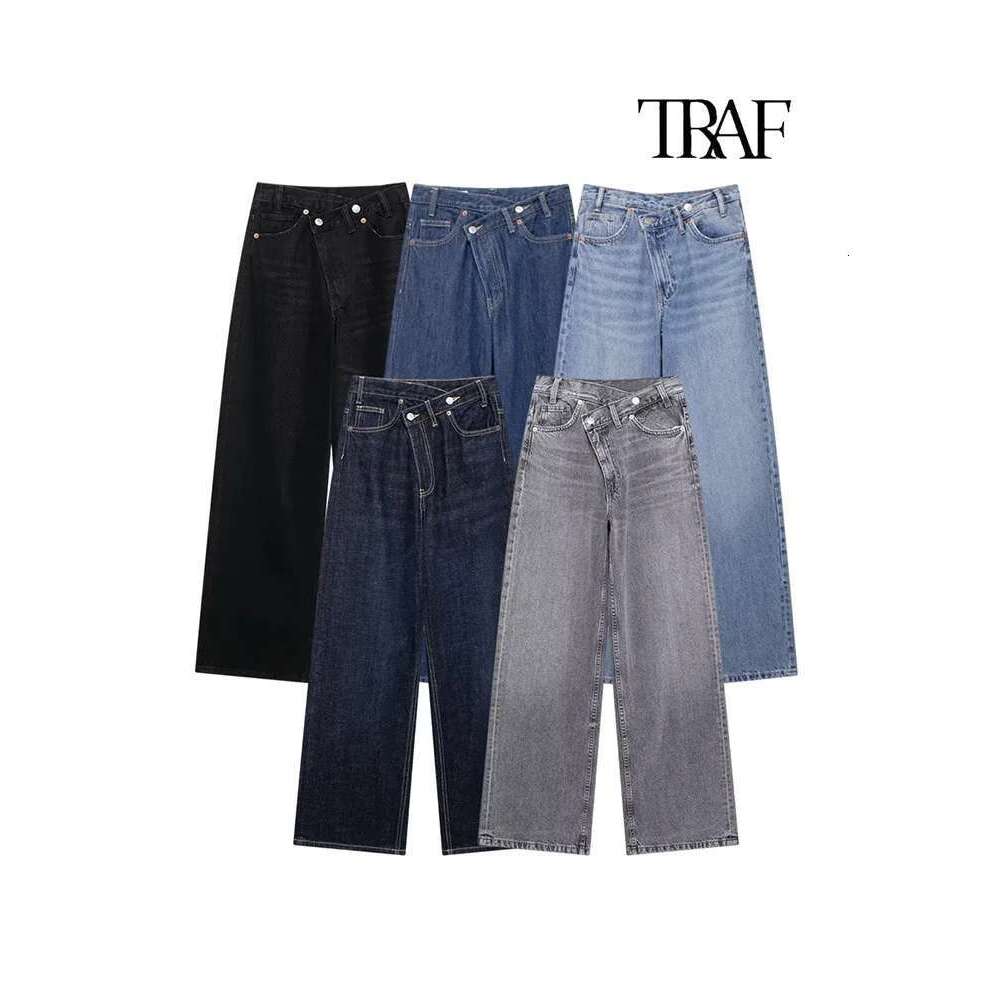 TRAF Women's Asymmetric Design High-Waisted Wide-Legged Jeans New Basic Models Versatile Fashion Straight Trousers