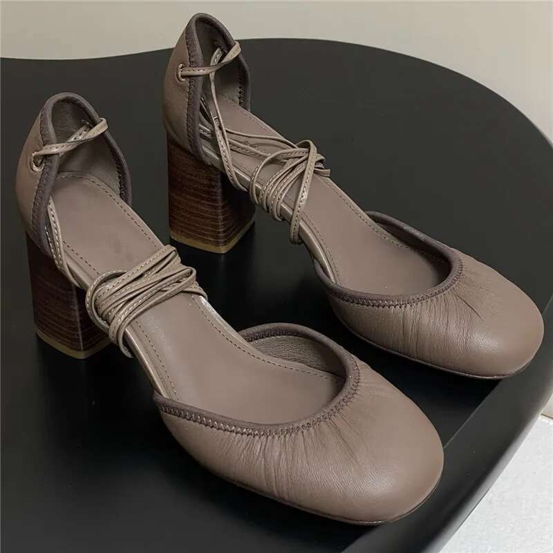 Womens Spring Autumn Fashion Leather Pump Shoes Designer Ankle Strappy Sandal Elegant Mid Block Heel Flat Closed Round Toe
