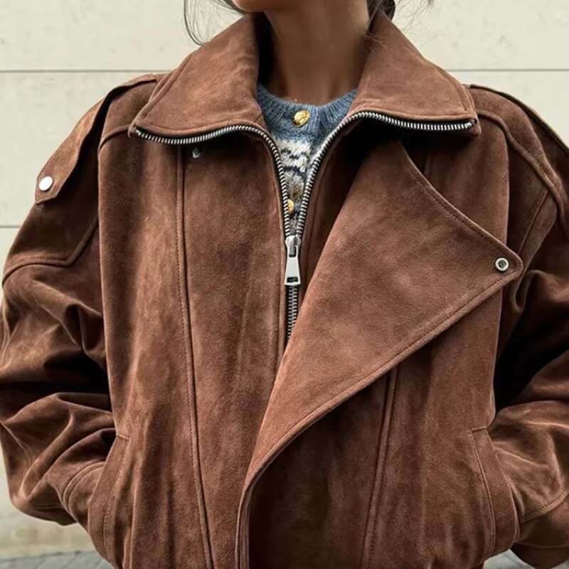 Chic Brown Faux Suede Cropped Casual Coat Vintage Lapel Solid Zipper Short Jacket 2025 Autumn Woman New Padded Shoulder Jackets