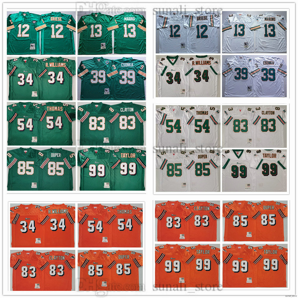 Men's Retro Football Jersey 54 Zach Thomas 99 Jason Taylor 85 Mark Duper 83 Mark Clayton 34 RickyWilliams 12 Bob Griese 13 Dan Marino 39 Larry Csonka All Stitched