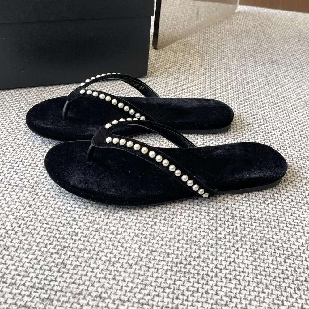 Women Size35-41 Genuine Leather Flip-Flops Crystals Summer Slides Beach Flats Pearls Designer Shoes Zapatillas De Mujer