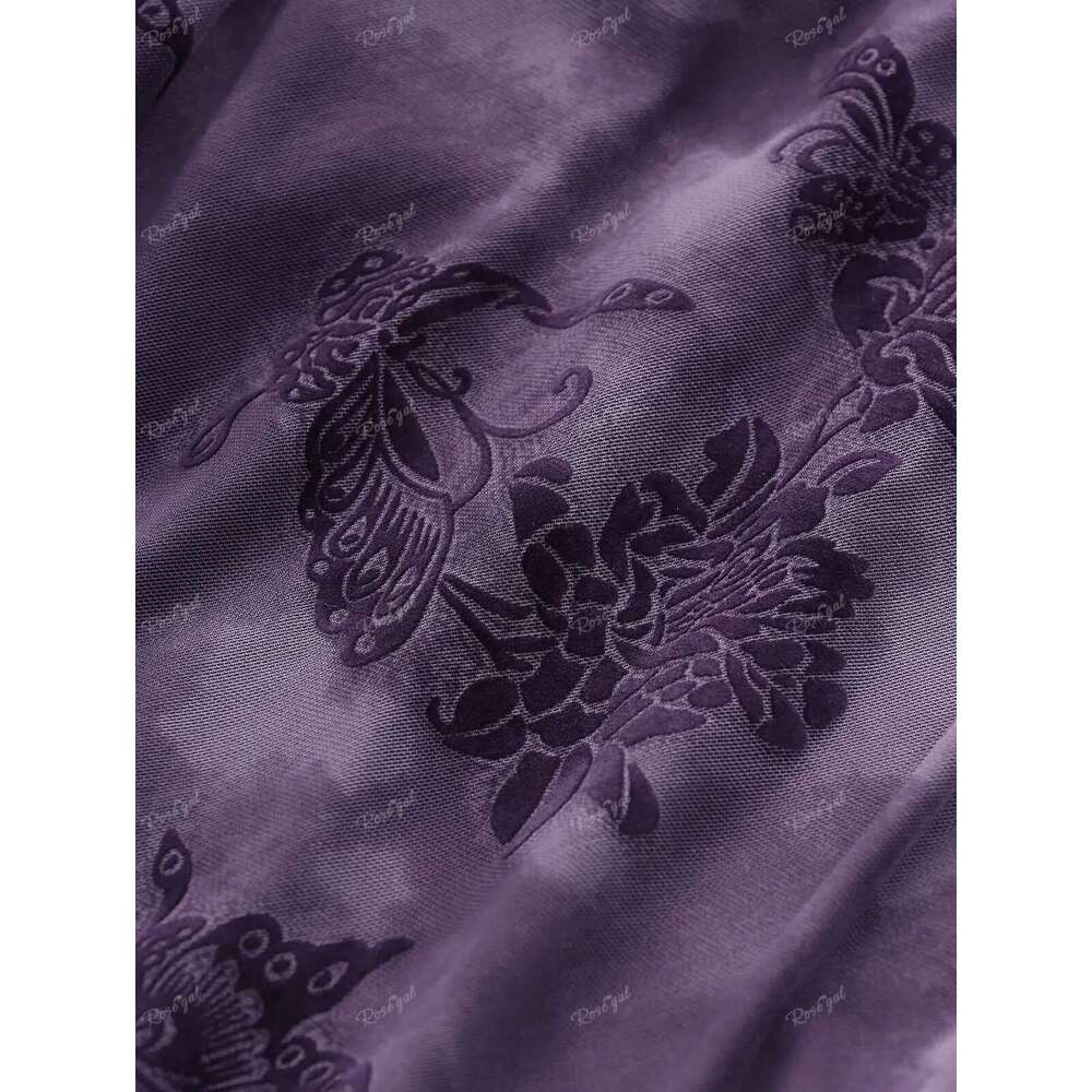 ROSEGAL Plus Size Hooded Women Autumn Winter Floral Flocking Mesh Sun Buckle Lace Trim Ruched Ruffles Dress Purple Vestido