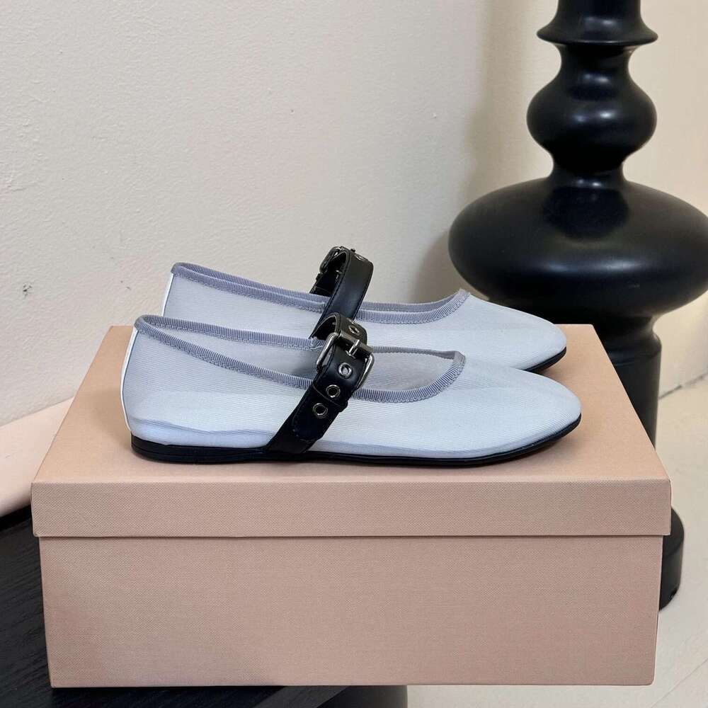 Women Mesh Flats Mary Jaens Genuine Leather Round Toe Buckle Strap Solid Colors Leisure Designer Shoes Zapatillas De Mujer