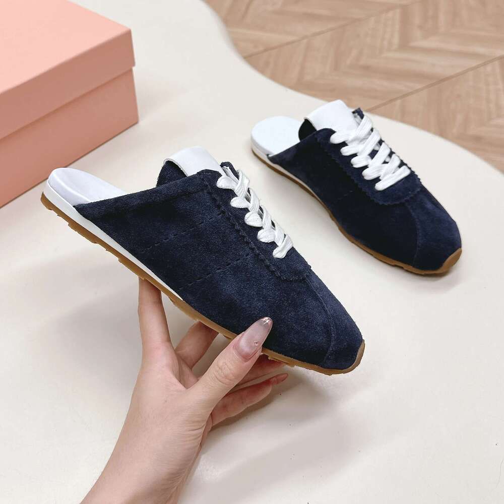 Women Natural Cow Suede Slippers Genuine Leather Mules Sports Leisure Flats Round Toe Designer Shoes Zapatillas De Mujer