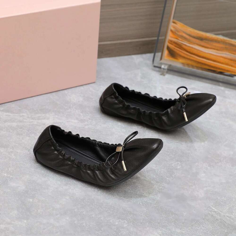 Women Genuine Leather Ballet Flats Denim Butterfly Knot Elastic Band Pleated Round Toe Designer Shoes Zapatillas De Mujer