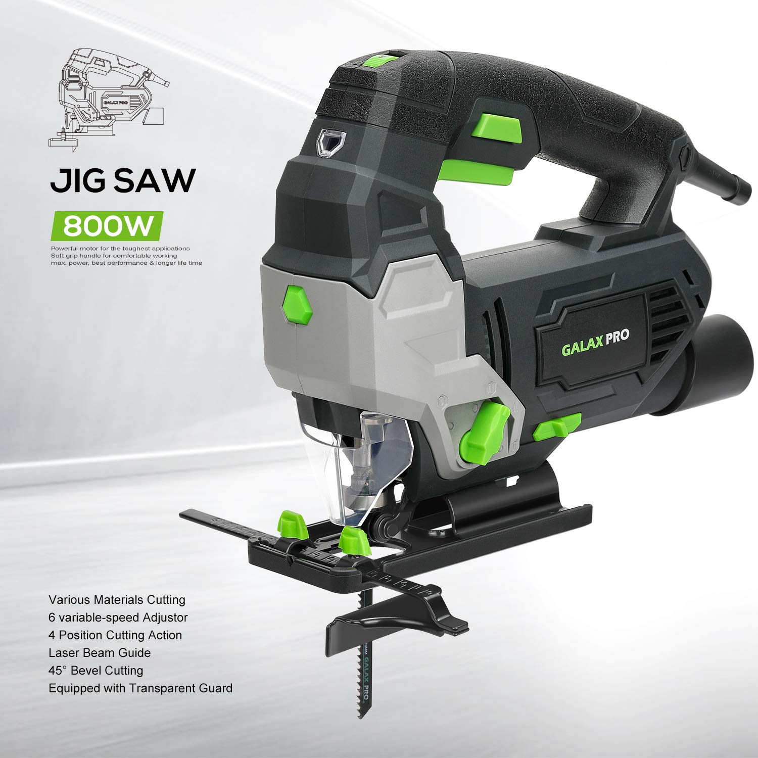 GALAX PRO Jigsaw, 800W 3000SPM Jig Saw Tool 6 Adjustable Speeds 4-Position Orbital Action Laser Guide 100mm Wood 10mm Metal Max Cutting Capacity