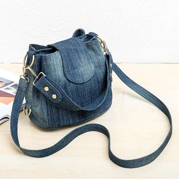 Casual Denim Bucket Bag For Women Shoulder Crossbody Bag Multiple Pockets Ladies Handbag Design Female Big Totes Blue