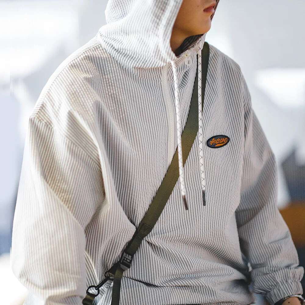 Maden Men Hooded Sweatshirt Gray White Striped Seersucker Pullover Top Spring And Summer Breathable Men's Clothes Hoodies Designer
