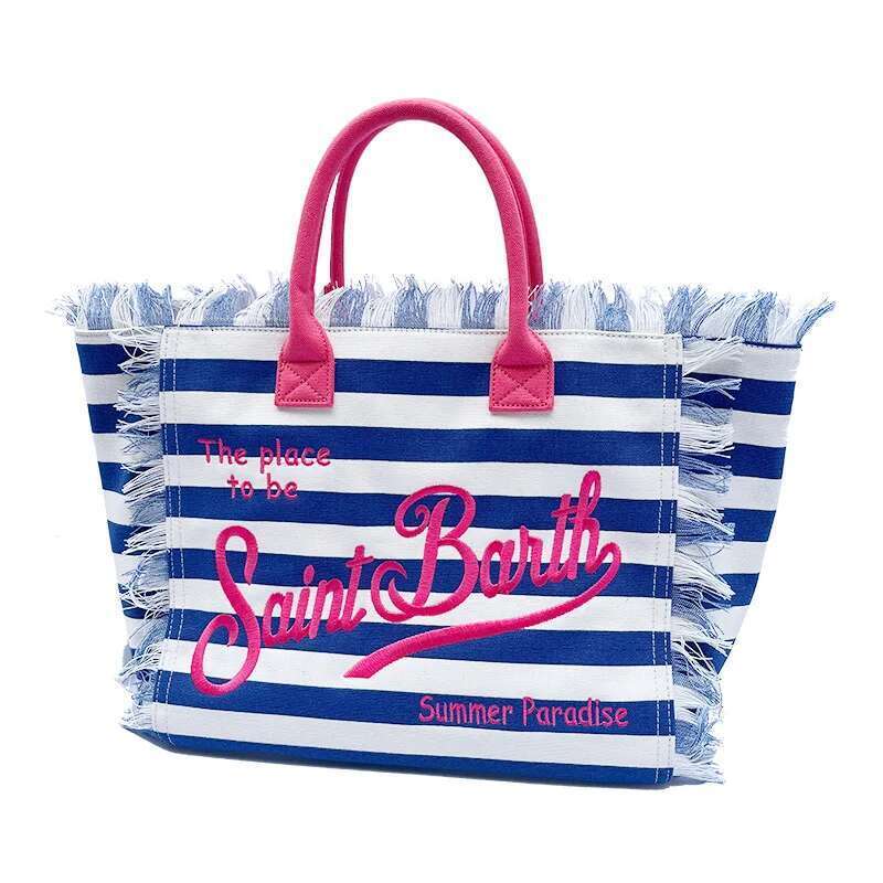 Saint Barth European And American New Women's Large Capacity Fashion Horizontal Striped Deep Blue Tassel Beach Handbag