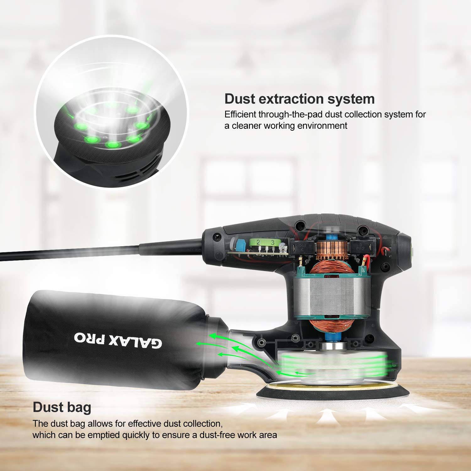 GALAX PRO Random Orbital Sander 280W 13000 OPM with 6 Variable Speeds and 15pcs Emery Paper 125mm with Dust Extraction for Sanding and Polishing