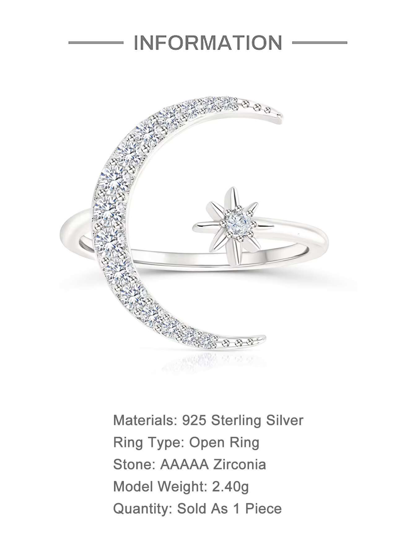 CANNER New Design S925 Sterling Silver Fashion CZ Zirconia Jewelry Wholesale Moon Star Adjustable Ring for Women