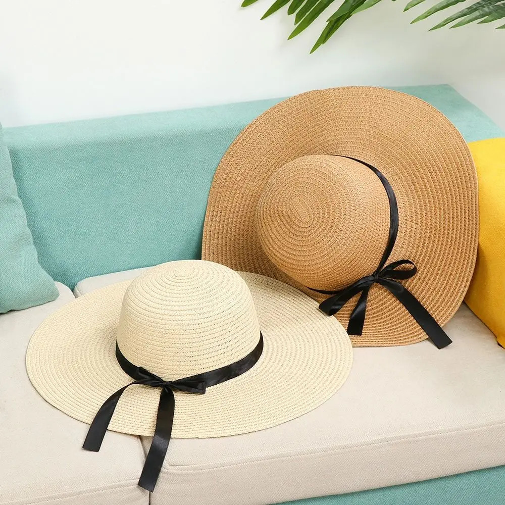 Women Beach Hat Foldable Floppy Straw Caps Big Wide Brim Summer Bow Cap Sun 250512