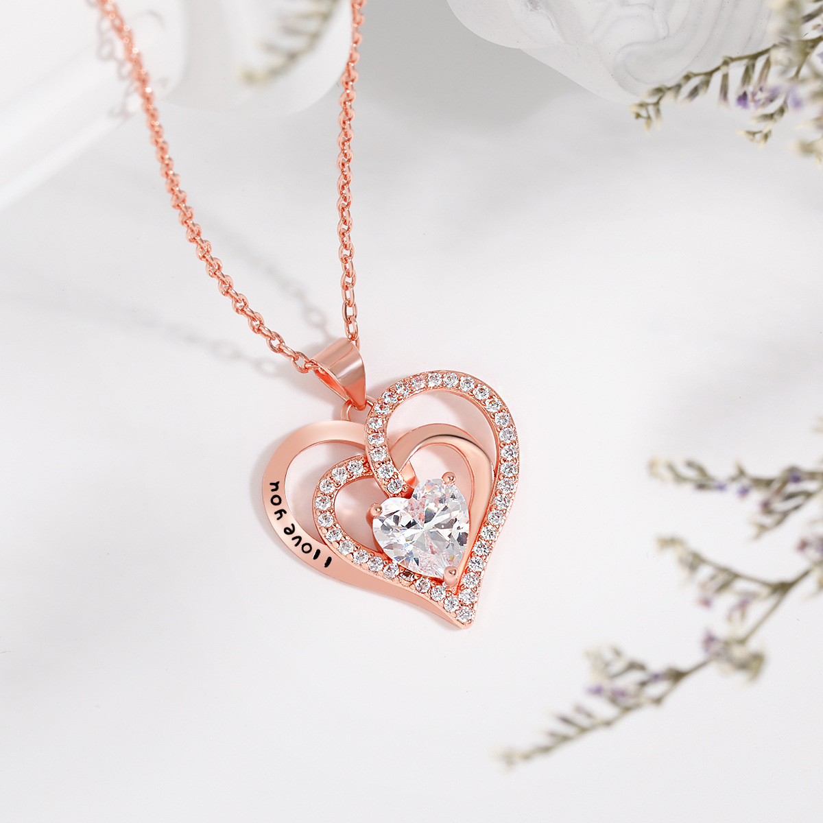 Amazon Bestselling Eternal Heart Necklace - Double Love Heart Design with Blackened Lettering and Zodiac Stones