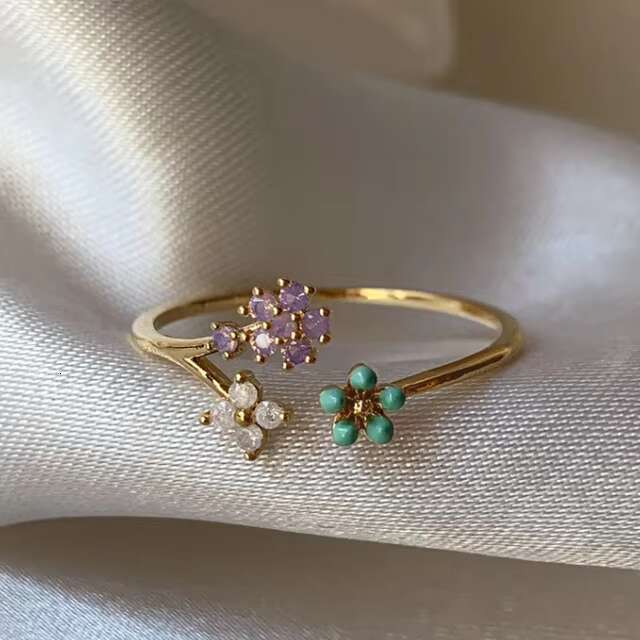 Zirconia Open Adjustable Sweet Cute Flower Heart Butterfly Girl Stacking Brass Ring