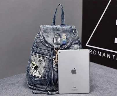 New in Fashion Denim Women Casual Backpack Large Capacity Jeans Shoulder Bag with Diamond Dec Female Backpacks Z250512