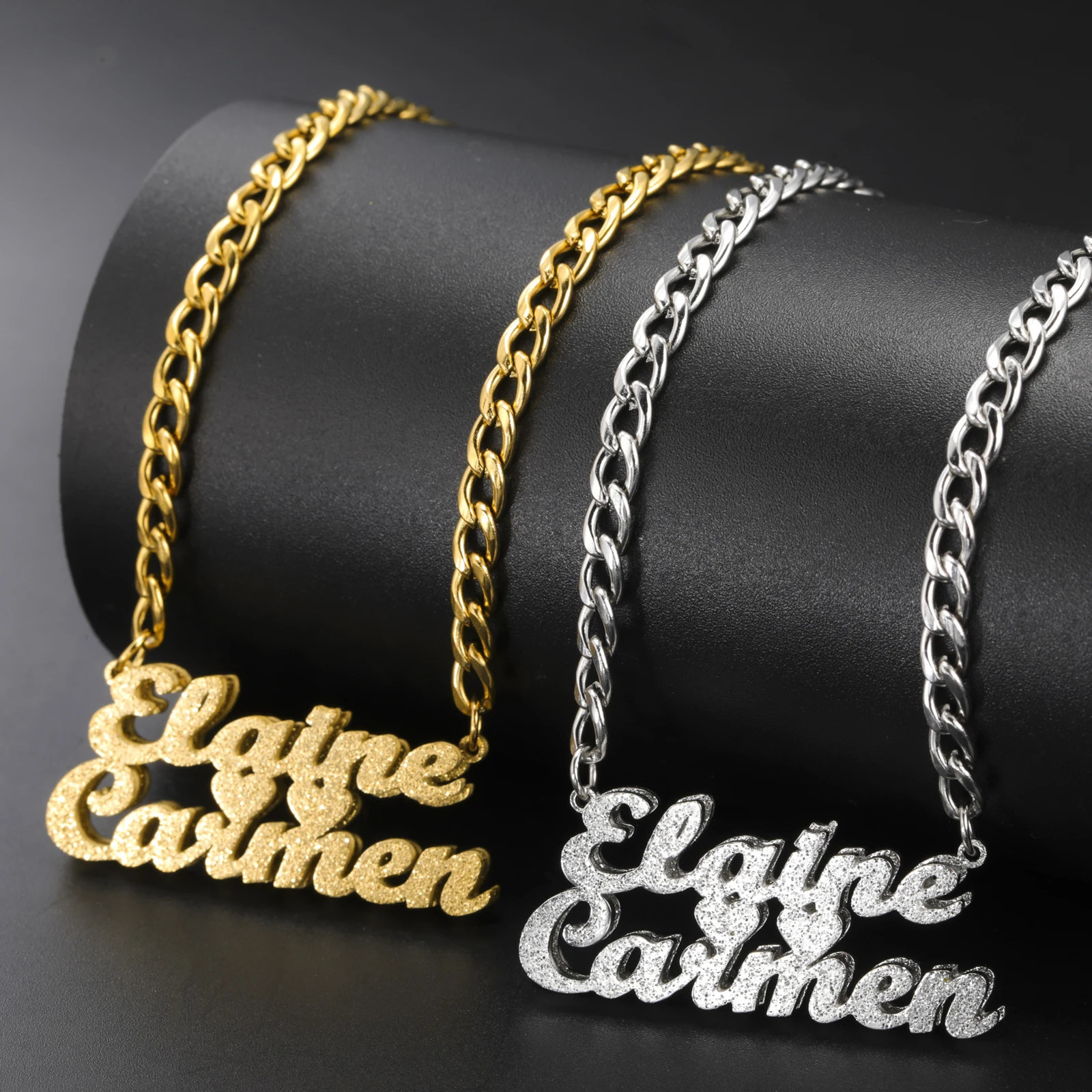 Dreamtimes Custom Gold and Silver Bling Double layered Name Necklace Personalized Name Sand Blasting Stainless Steel Jewelry 250512