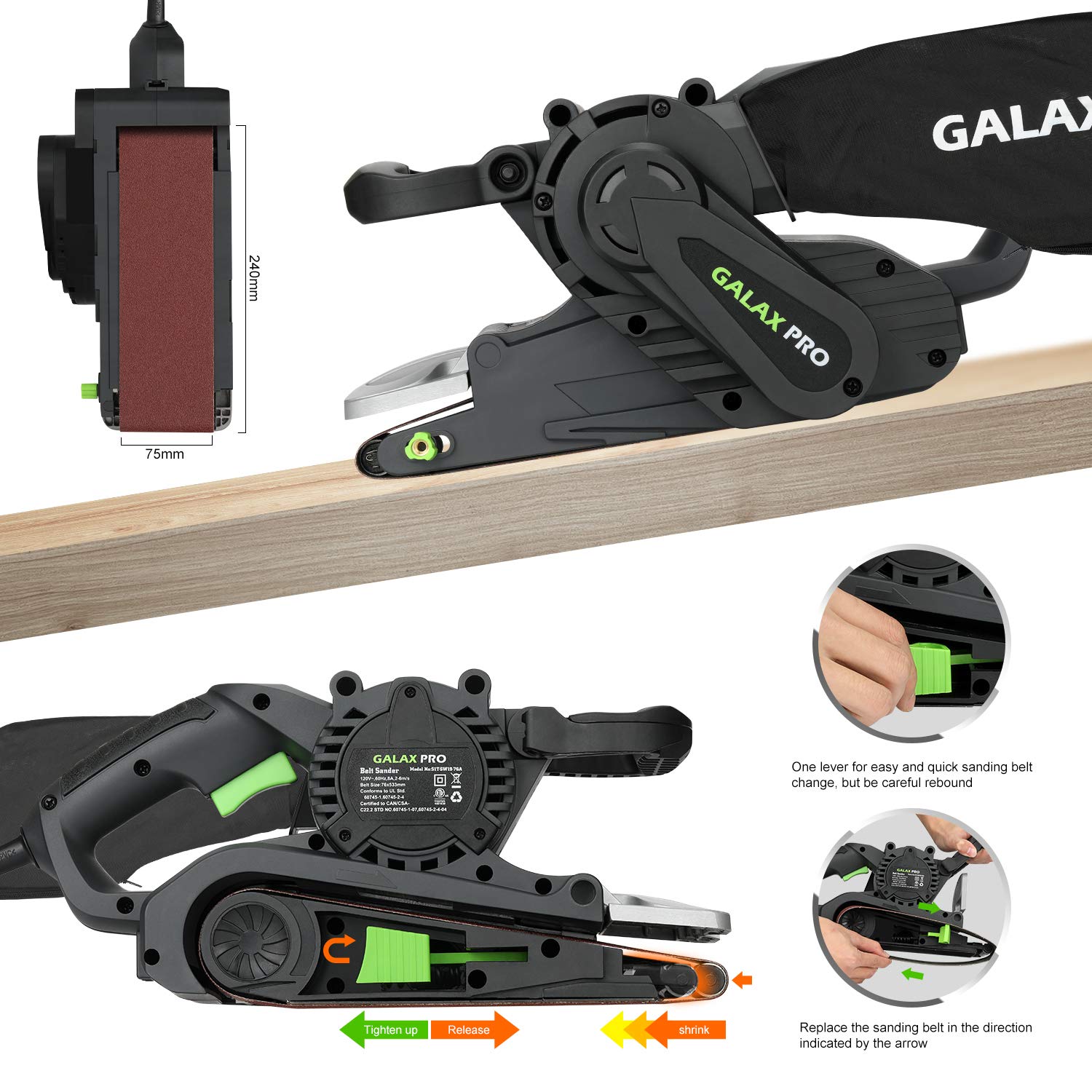 GALAX PRO 1010W Belt Sander, 120-380 RPM Variable Speed Settings, Dust Bag 5 Sanding Belts (76x533 MM)