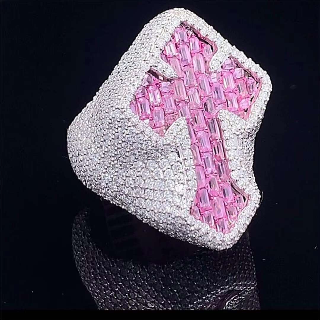 Hiphop Moissanite Pink Cross Ring 925 Sterling Silver Round Cut Moissanite Diamond Moissanite Ring