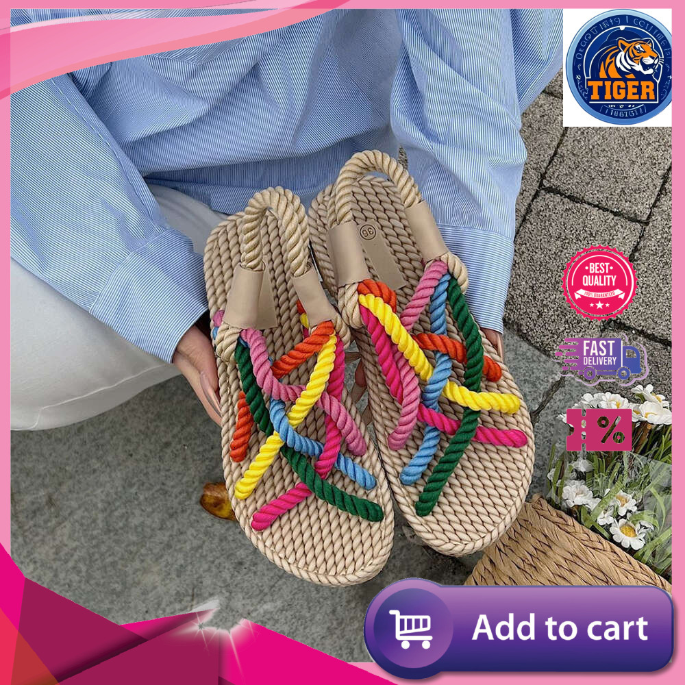 Ddmytiger Summer Large Size New Women S Rainbow Dopamine Small Fresh Knitted Rope Sandals Outdoor Shoes