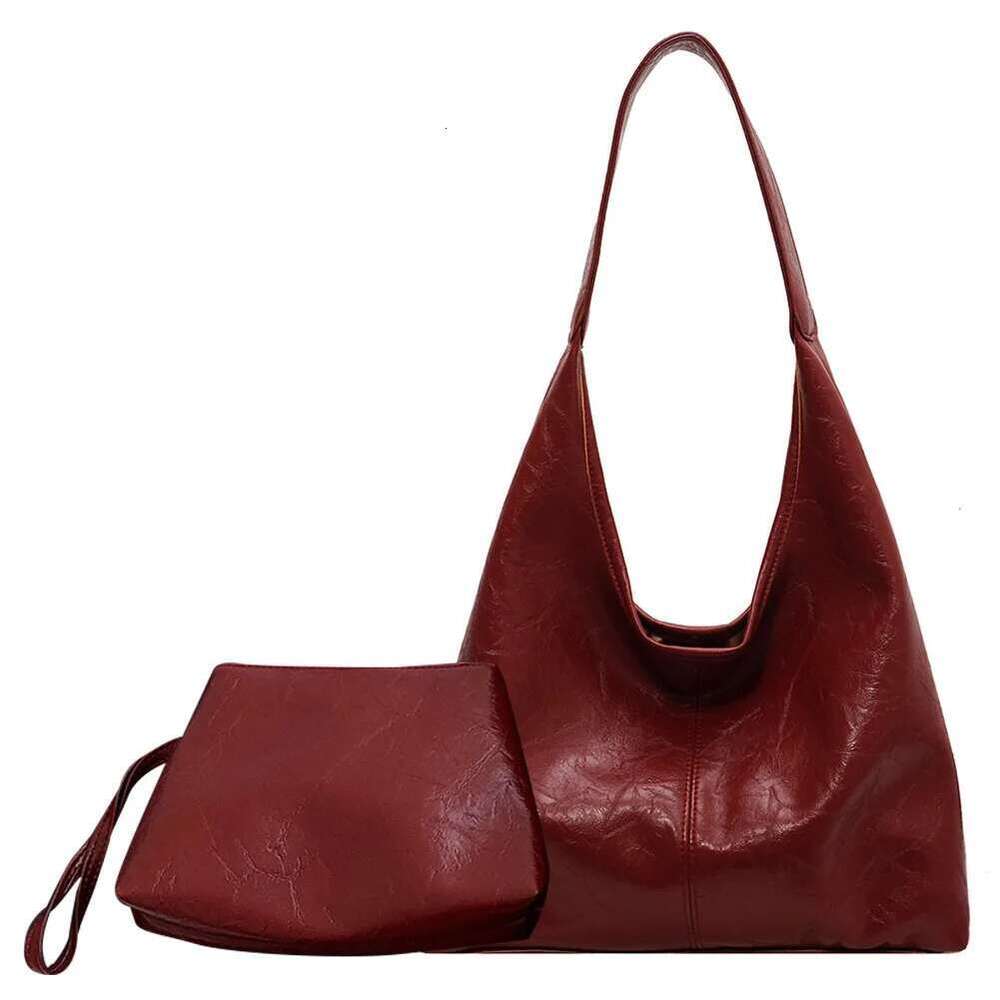 2Pcs/Set Women's Leather Shoulder Fashion Wine Red Underarm Bags Casual Hobo Bag Ladies Capacity Retro Designer Tote Handbag
