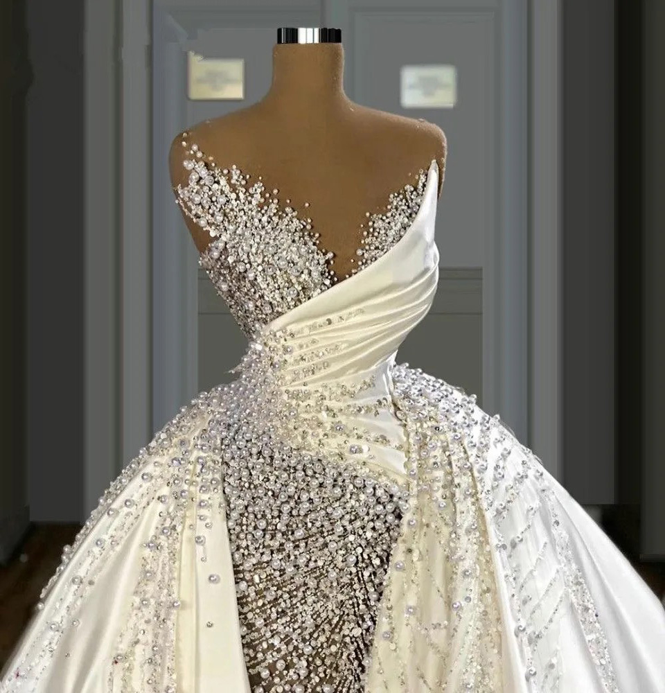 Luxury Pearls Mermaid Bridal Gowns Sequins Beaded Wedding Dress with Overskirts Strapless Custom Made Bride Dresses Vestido de novia