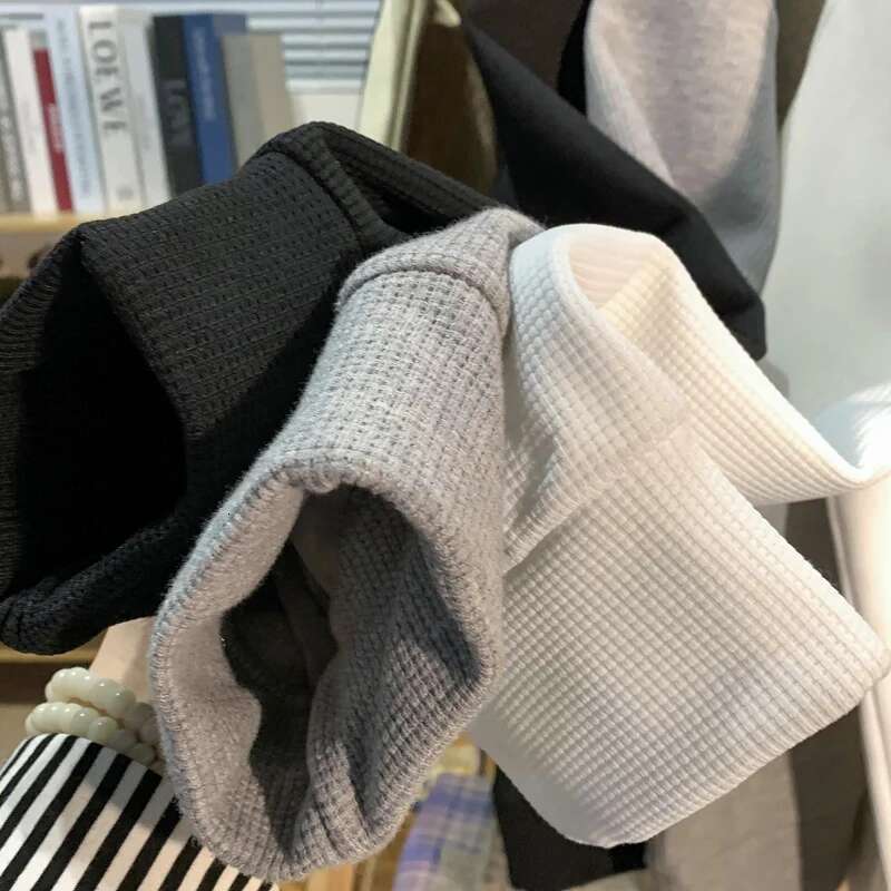 Korean Men Sweatshirt Waffle Fabric Crew Neck Sweatshirts Wave Print Casual Loose Sports Pullovers Streetwear Hoodie Designer
