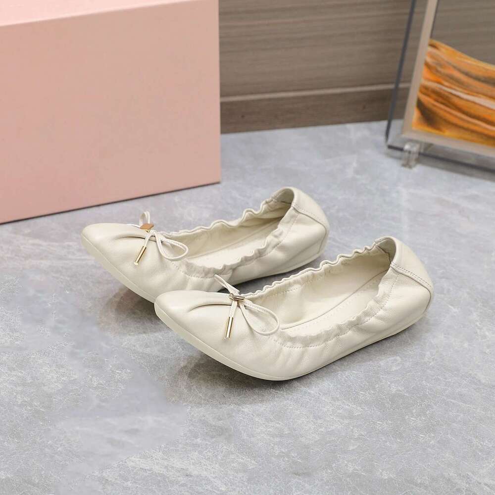 Women Genuine Leather Ballet Flats Denim Butterfly Knot Elastic Band Pleated Round Toe Designer Shoes Zapatillas De Mujer